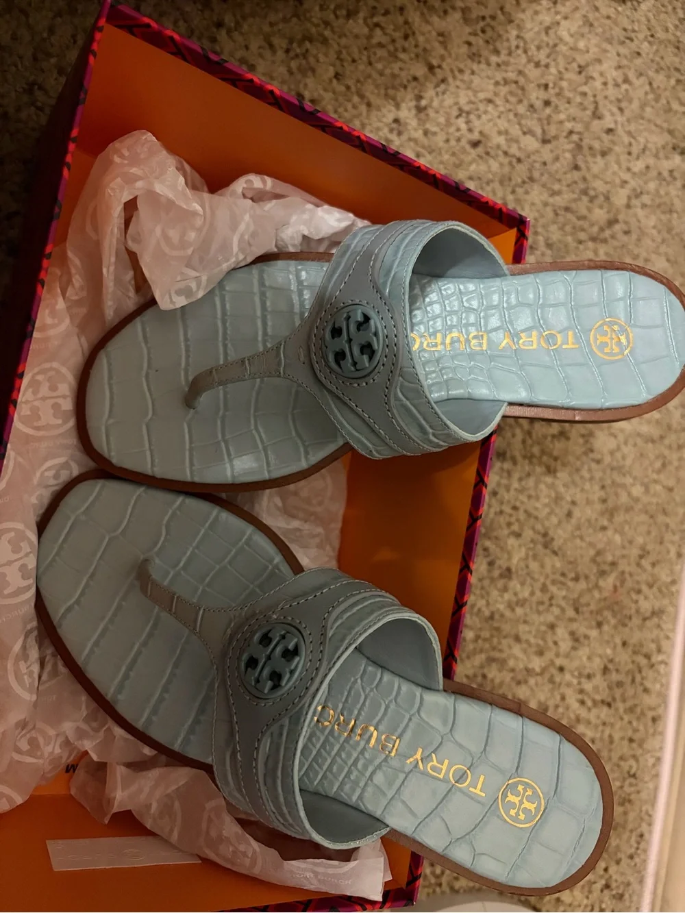Tory Burch Pale Blue Croc-Embossed Thong Sandals
